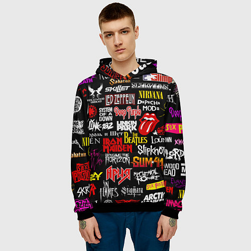 Мужская толстовка Логотипы рок групп цветные / 3D-Черный – фото 3