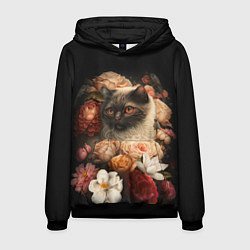 Толстовка-худи мужская Милый котик окружённый цветами, цвет: 3D-черный