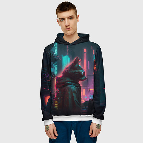 Мужская толстовка Кот в киберпанке / 3D-Белый – фото 3
