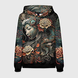 Толстовка-худи мужская Японская девушка Irezumi, цвет: 3D-черный