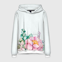 Толстовка-худи мужская Цветы нарисованные акварелью - снизу, цвет: 3D-белый