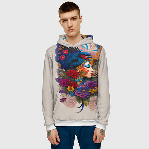 Мужская толстовка Профиль девушки с птицей - татуировка / 3D-Белый – фото 3