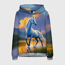 Толстовка-худи мужская Белая лошадь на рассвете, цвет: 3D-меланж
