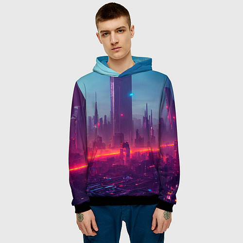 Мужская толстовка Город ночной и неоновый / 3D-Черный – фото 3