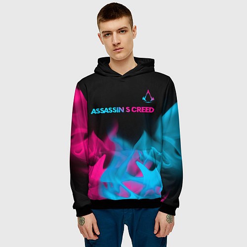 Мужская толстовка Assassins Creed - neon gradient: символ сверху / 3D-Черный – фото 3