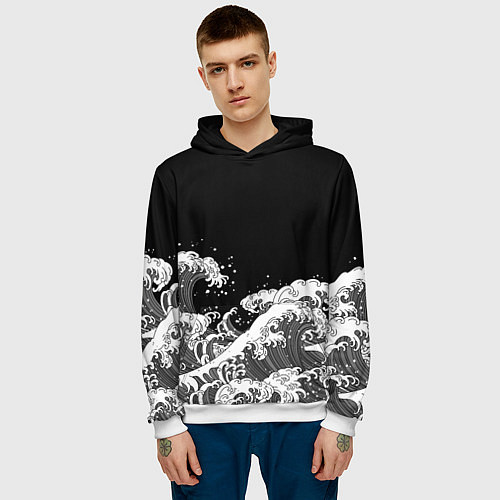 Мужская толстовка Японские волны на темном фоне / 3D-Белый – фото 3