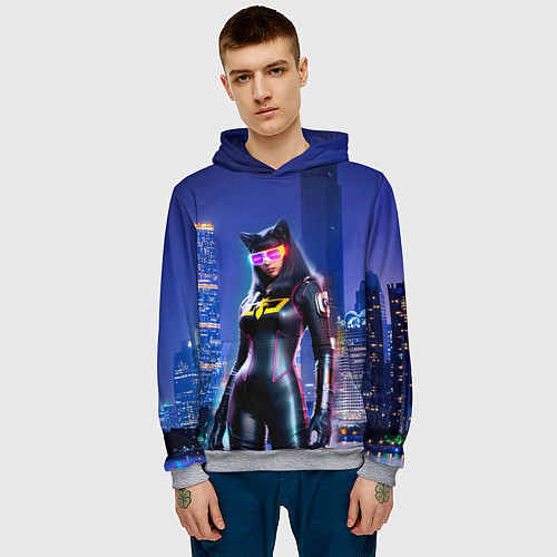 Мужская толстовка Cat girl on the background of a megalopolis / 3D-Меланж – фото 3