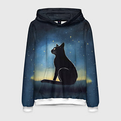 Толстовка-худи мужская Черный кот и звезды - акварель, цвет: 3D-белый