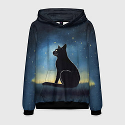 Толстовка-худи мужская Черный кот и звезды - акварель, цвет: 3D-черный