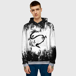 Толстовка-худи мужская Японский дракон с иероглифами, цвет: 3D-меланж — фото 2
