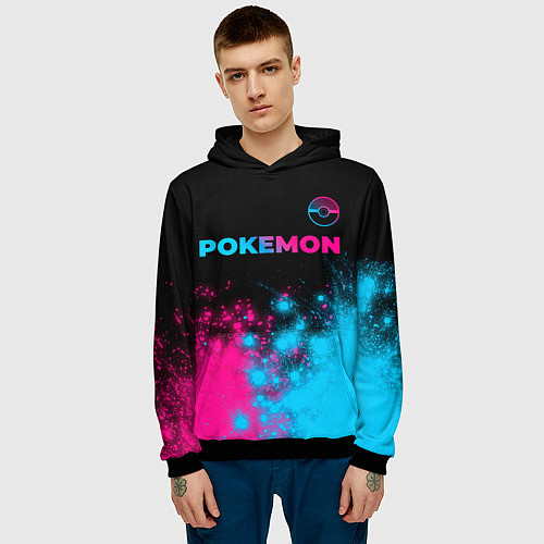 Мужская толстовка Pokemon - neon gradient: символ сверху / 3D-Черный – фото 3