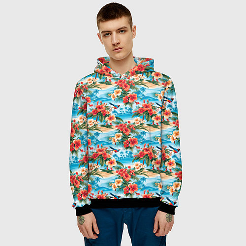 Мужская толстовка Гавайский стиль летние цветы / 3D-Черный – фото 3