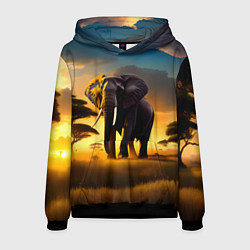 Толстовка-худи мужская Слон и рассвет в саванне, цвет: 3D-черный