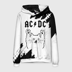 Толстовка-худи мужская AC DC рок кот на светлом фоне, цвет: 3D-белый
