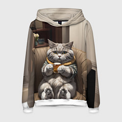 Толстовка-худи мужская Кот сидит на диване с напитком, цвет: 3D-белый