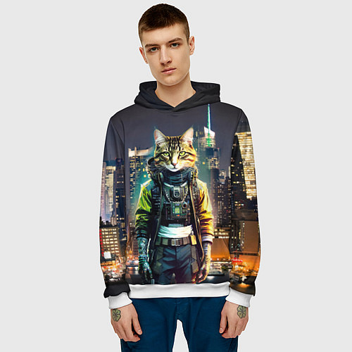 Мужская толстовка Cool cat in New York city at night / 3D-Белый – фото 3