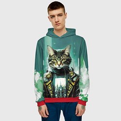 Толстовка-худи мужская Funny cat on the background of skyscrapers, цвет: 3D-красный — фото 2