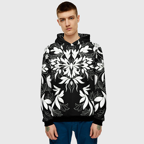 Мужская толстовка Цветы орнамент чб / 3D-Черный – фото 3