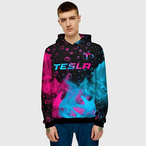 Мужская толстовка Tesla - neon gradient: символ сверху / 3D-Черный – фото 3