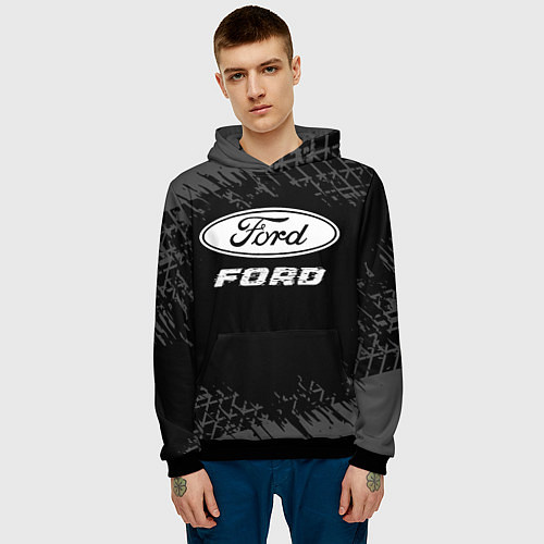 Мужская толстовка Ford speed на темном фоне со следами шин / 3D-Черный – фото 3