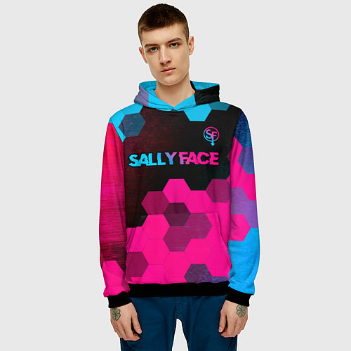 Мужская толстовка Sally Face - neon gradient: символ сверху / 3D-Черный – фото 3