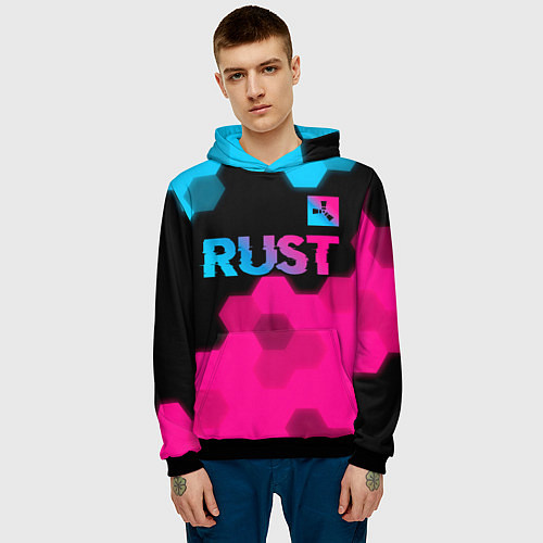 Мужская толстовка Rust - neon gradient: символ сверху / 3D-Черный – фото 3