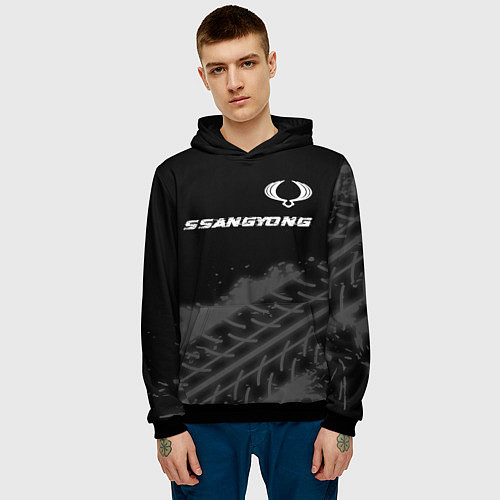 Мужская толстовка SsangYong speed на темном фоне со следами шин: сим / 3D-Черный – фото 3