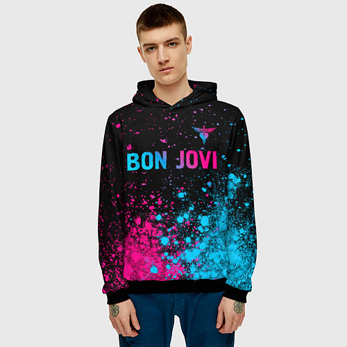 Мужская толстовка Bon Jovi - neon gradient: символ сверху / 3D-Черный – фото 3