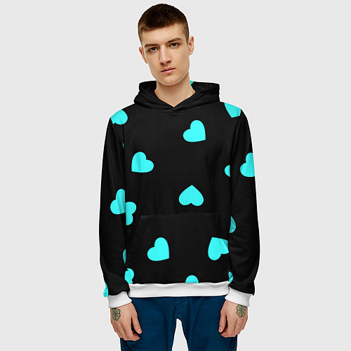 Мужская толстовка С голубыми сердечками на черном / 3D-Белый – фото 3