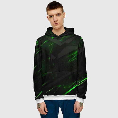 Мужская толстовка Dark black green abstract / 3D-Белый – фото 3