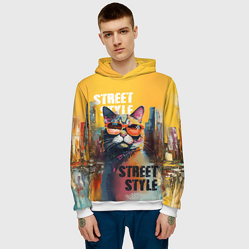 Мужская толстовка Кот в городе - street style / 3D-Белый – фото 3