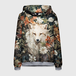 Толстовка-худи мужская Белая лисица в кустах цветов, цвет: 3D-меланж