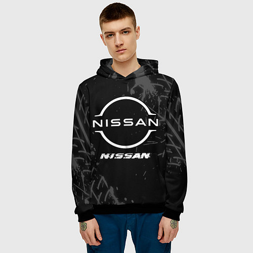Мужская толстовка Nissan speed на темном фоне со следами шин / 3D-Черный – фото 3