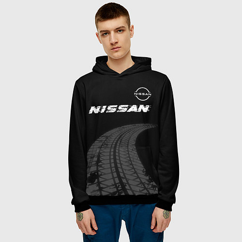 Мужская толстовка Nissan speed на темном фоне со следами шин: символ / 3D-Черный – фото 3