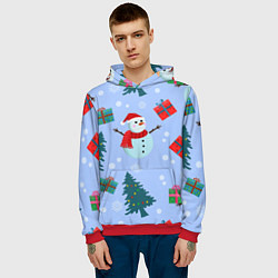 Толстовка-худи мужская Снеговики с новогодними подарками паттерн, цвет: 3D-красный — фото 2