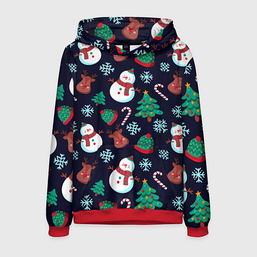 Мужская толстовка Снеговички с рождественскими оленями и елками / 3D-Красный – фото 1