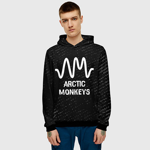 Мужская толстовка Arctic Monkeys glitch на темном фоне / 3D-Черный – фото 3