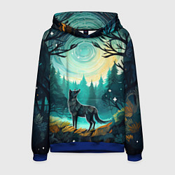 Толстовка-худи мужская Волк в ночном лесу фолк-арт, цвет: 3D-синий