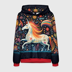 Толстовка-худи мужская Радужная лошадка в стиле фолк-арт, цвет: 3D-красный