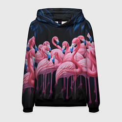 Толстовка-худи мужская Стая розовых фламинго в темноте, цвет: 3D-черный
