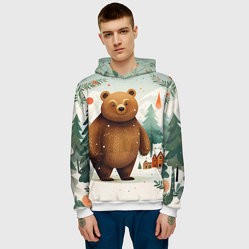 Мужская толстовка Рождественский мишка фолк-арт / 3D-Белый – фото 3