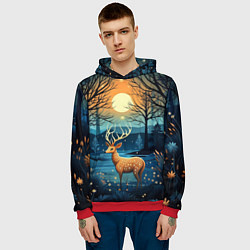 Толстовка-худи мужская Олень в ночном лесу фолк-арт, цвет: 3D-красный — фото 2