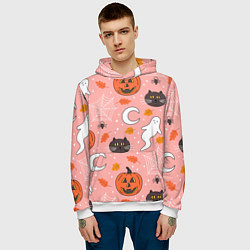 Толстовка-худи мужская Тыквы и кошки на розовом фоне, цвет: 3D-белый — фото 2