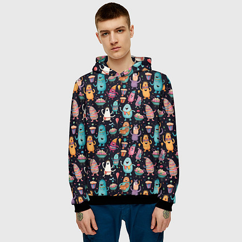 Мужская толстовка Весёлые монстры на вечеринке / 3D-Черный – фото 3