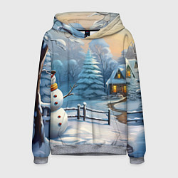 Толстовка-худи мужская Новый год и снеговик, цвет: 3D-меланж