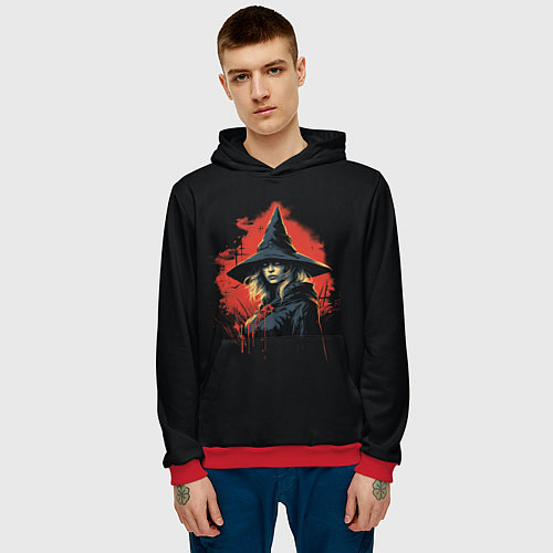 Мужская толстовка Ведьма в шляпе кровавый фон / 3D-Красный – фото 3