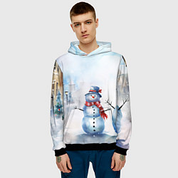 Толстовка-худи мужская Новогодний день со снеговиком, цвет: 3D-черный — фото 2