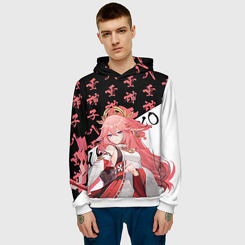 Мужская толстовка Яэ Мико иероглифы - Геншин Импакт / 3D-Белый – фото 3