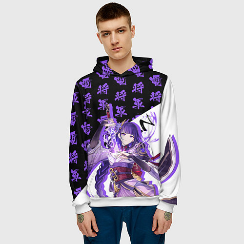 Мужская толстовка Сёгун Райдэн иероглифы - Геншин Импакт / 3D-Белый – фото 3
