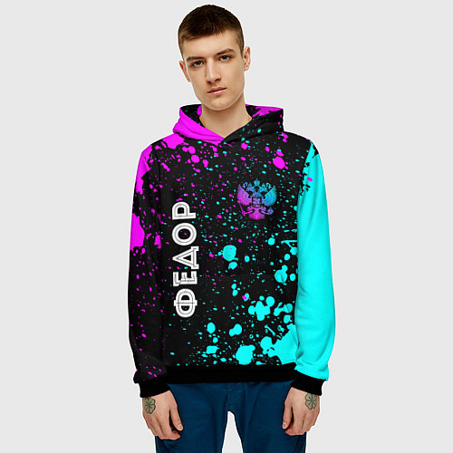 Мужская толстовка Федор и неоновый герб России вертикально / 3D-Черный – фото 3